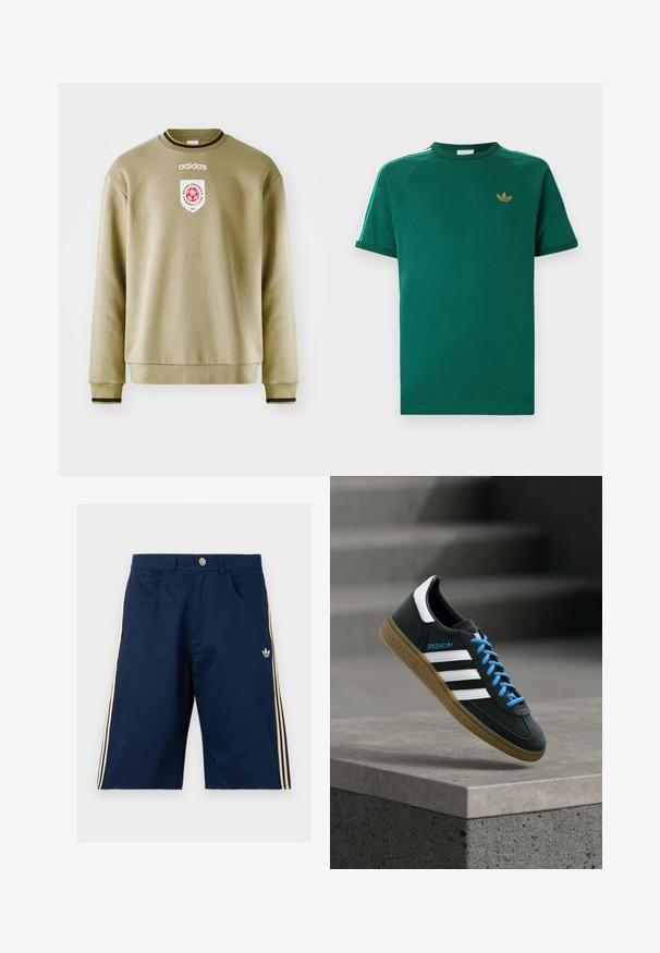 Olivgrüner Pullover mit Rundhalsausschnitt, gerippten Bündchen und Saum. Verfügt über ein besticktes Logo und einen Patch mit roten Akzenten. Glatte Textur.; Grünes Adidas-T-Shirt mit kurzen Ärmeln und Rundhalsausschnitt, goldenem Trefoil-Logo auf der Brust und weißen Streifen mit grünen Kanten entlang der Schultern.; Marineblaue Adidas-Shorts mit beigen drei Streifen an den Seiten, Fronttaschen, Knopfverschluss und Adidas-Trefoil-Logo am rechten Bein.; Schwarzer Adidas-Sneaker mit weißen Streifen, blauen Schnürsenkeln und Gummisohle, der über einer grauen Betontreppe im weichen Licht schwebt.