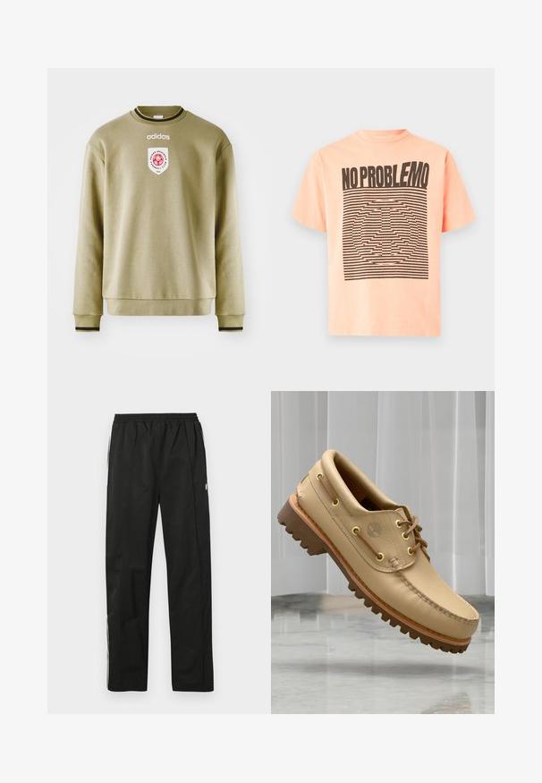 Olivengrøn sweatshirt med rund hals, ribstrikkede manchetter og kant. Har et broderet logo og et mærke med røde accenter. Glat tekstur.; Kortærmet T-shirt i ferskenfarve med fed sort tekst "NO PROBLEMO" over et stribet fredssymbol foran.; Sorte træningsbukser med elastisk talje, lige snit, lynlåsdetaljer i siderne og hvide striber langs siderne. Glat tekstur.; Lysbrune læderbådsko med tyk, rillet sål og snøre detaljer, svævende over et marmor gulv med baggrund af hvide lodrette persienner.