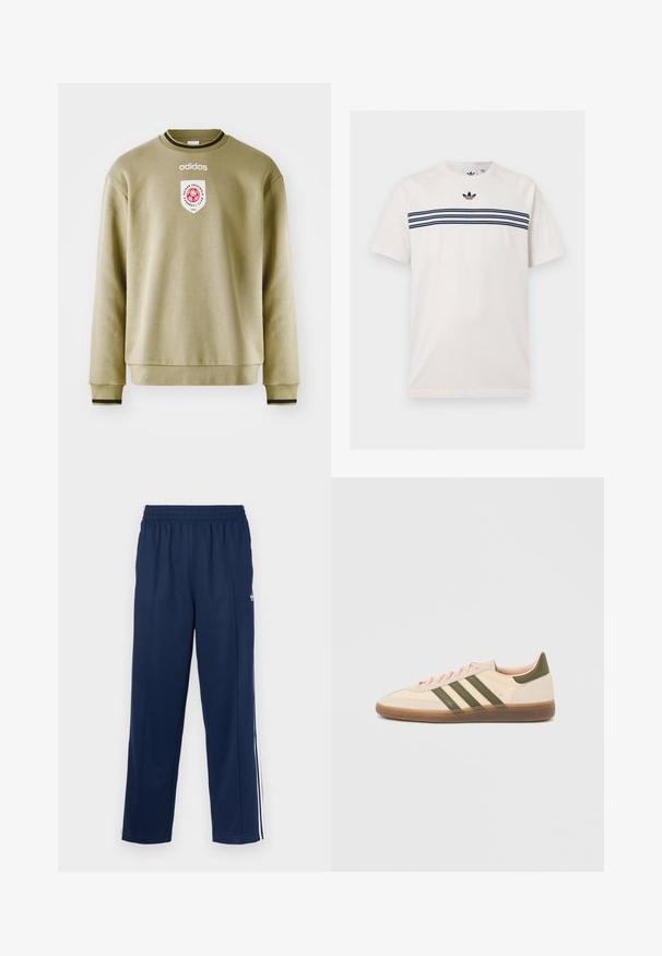 Olivengrøn sweatshirt med rund hals, ribstrikkede manchetter og kant. Har et broderet logo og et mærke med røde accenter. Glat tekstur.; Hvid Adidas T-shirt med korte ærmer med marineblå tre-striber tværs over brystet og Adidas trebladet logo over striberne.; Marineblå træningsbukser med en tekstureret finish, elastisk taljebånd og hvide sidelommer. Har en lige pasform og ingen lommer.; Beige Adidas Spezial sneaker med lav profil, grønne striber, gummisål og "SPEZIAL"-branding på siden, vist fra ydersiden.