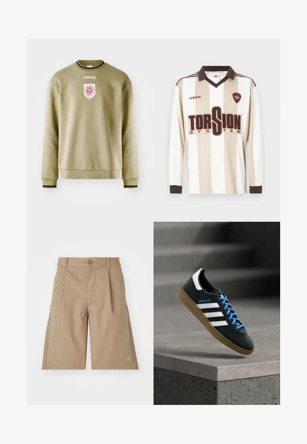 Olivgrüner Pullover mit Rundhalsausschnitt, gerippten Bündchen und Saum. Verfügt über ein besticktes Logo und einen Patch mit roten Akzenten. Glatte Textur.; Langärmliges Fußballtrikot in Beige mit weißen Streifen; verfügt über einen braunen Kragen und Bündchen, ein großes rotes "TORSION SYSTEM"-Logo und adidas-Branding.; Beige Baumwollshorts mit geradem Schnitt, vorderen Falten und einem einzigen Knopfverschluss. Mit einem dezenten Logo auf der unteren linken Seite.; Schwarzer Adidas-Sneaker mit weißen Streifen, blauen Schnürsenkeln und Gummisohle, der über einer grauen Betontreppe im weichen Licht schwebt.