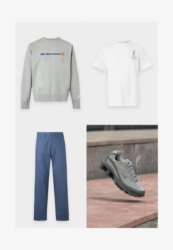 Ανοιχτό γκρι φούτερ Nike με μπλε κείμενο "Nike Sportswear" και μικρό πορτοκαλί λογότυπο Nike στο στήθος, λευκό λογότυπο Nike στο αριστερό μανσέτα του καρπού.; Λευκό κοντομάνικο μπλουζάκι με μικρό πράσινο γραφικό εξωγήινου που κουβαλάει σακούλες στην αριστερή πλευρά του στήθους.; Μπλε βαμβακερό παντελόνι με ίσια γραμμή, διαθέτει κλείσιμο με κουμπί μπροστά και πέντε τσέπες. Ομαλή υφή, χωρίς ορατά σχέδια.; Γκρι και λευκό αθλητικό παπούτσι Nike, κρεμασμένο πάνω από μια πέτρινη σκάλα, με ορατή αερόσολα και υφή στη σόλα.