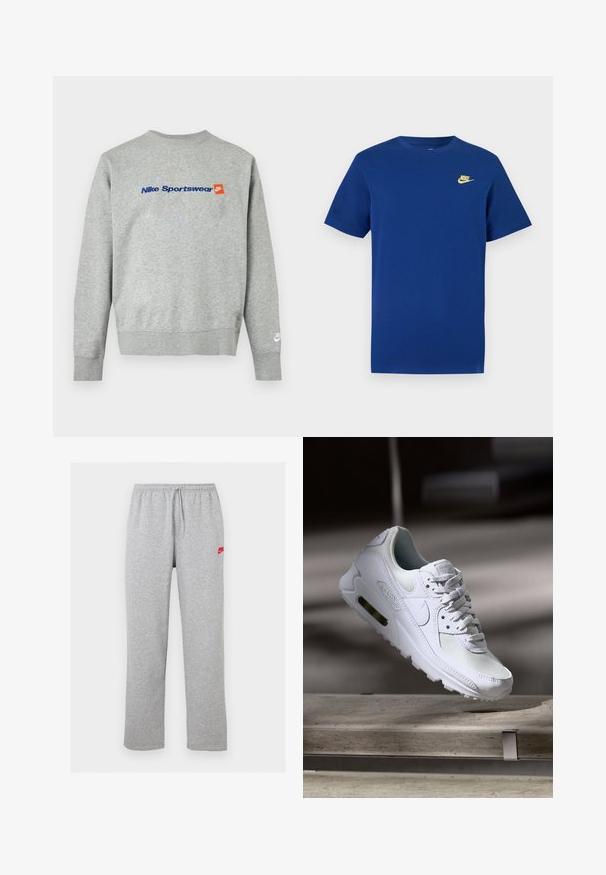 Ανοιχτό γκρι φούτερ Nike με μπλε κείμενο "Nike Sportswear" και μικρό πορτοκαλί λογότυπο Nike στο στήθος, λευκό λογότυπο Nike στο αριστερό μανσέτα του καρπού.; Μπλούζα σε ναυτικό μπλε με κοντά μανίκια, μικρό κίτρινο λογότυπο Nike στην αριστερή πλευρά του στήθους και στρογγυλή λαιμόκοψη.; Ανοιχτό γκρι φόρμες με ελαστική μέση και κορδόνι, με μικρό κόκκινο λογότυπο Nike στο πάνω αριστερό μηρό.; Λευκό αθλητικό παπούτσι Nike Air Max 90 με άνω μέρος από διχτυωτό και δερμάτινο υλικό, τρυπητό μπροστινό μέρος και ορατή μονάδα αέρα στη φτέρνα.