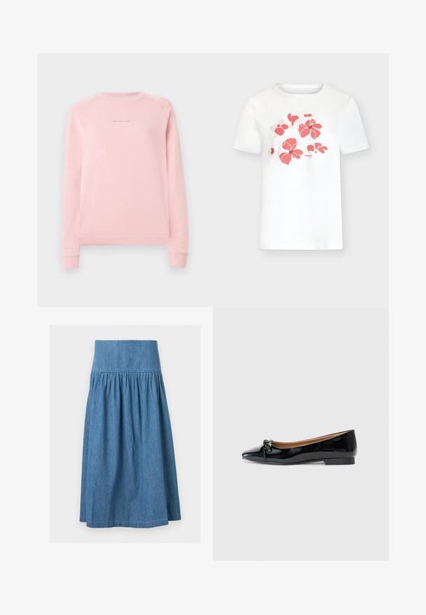 Lyserød sweatshirt med lange ærmer, rund halsudskæring og et diskret logo trykt på brystet. Fremstillet af blødt, glat stof.; Hvid t-shirt med korte ærmer, koralrosa blomstermønster på brystet og lille brandtekst under blomsterne.; Mid længde blå denim nederdel med bred elastisk talje og opsamlet stof for en let udvidet silhuet.; Sorte patenterede læderballetsko med spidse tæer, lille sløjfedetail foran og en lav, firkantet hæl. Glat, skinnende tekstur.