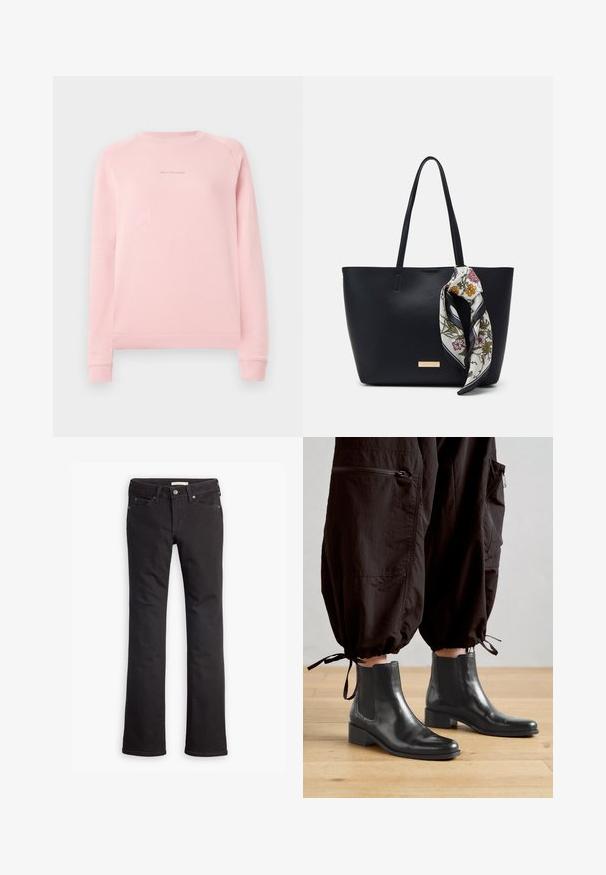 Lichtroze sweatshirt met lange mouwen, ronde hals en een subtiele logo-opdruk op de borst. Gemaakt van zacht, soepel materiaal.; Zwarte jeans van denim, met een recht toelopende pijp, standaard taille, vijf zakken en subtiele stiksels.; Zwarte leren enkellaarsjes met een blokhak en elastische zijkanten, gecombineerd met bruine tapse broeken met een trekkoord bij de manchetten.; Zwarte leren tote bag met twee schouderriemen, voorzien van een zijden sjaal met bloemenprint die aan de handgreep is geknoopt en een metallic logo-accent aan de voorkant.