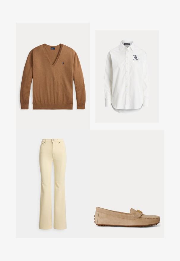 Pull marron à manches longues avec col en V et petit logo Polo Ralph Lauren bleu marine sur le côté gauche de la poitrine, posé à plat sur fond blanc.; Chemise blanche à manches longues boutonnée avec col pointu et logo noir brodé sur la poitrine gauche.; Jean évasé jaune en coton, avec une taille haute, une braguette zippée avec fermeture bouton, et un design traditionnel à cinq poches.; Mocassin beige en daim à enfiler avec des détails cousus, une boucle en métal doré sur le dessus et une semelle en caoutchouc avec des crampons antidérapants.