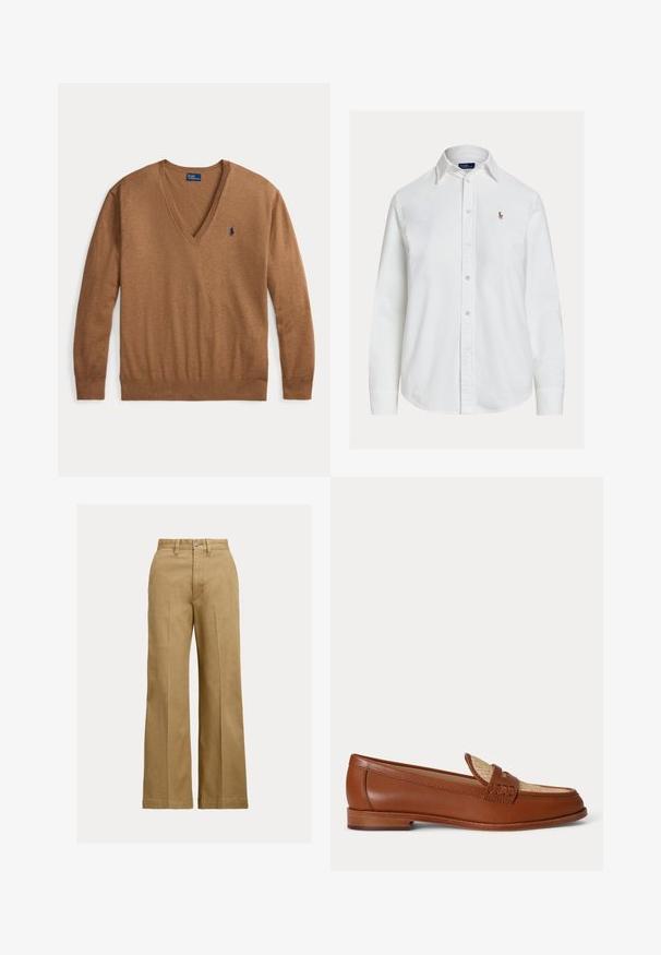 Brauner langärmeliger V-Ausschnitt-Pullover mit kleinem dunkelblauem Polo Ralph Lauren-Logo auf der linken Brustseite, flach auf weißem Hintergrund liegend.; Weißes Hemd mit langen Ärmeln, Knopfleiste, Kragen und kleinem besticktem Logo auf der linken Brust, vor einfachem Hintergrund dargestellt.; Beige weit geschnittene Hose mit vorderen Falten, Gürtelschlaufen und Knopfverschluss auf hellem einfarbigem Hintergrund.; Brauner Leder-Slipper mit gewebtem beigem Einsatz oben, niedrigem Holzabsatz und traditionellem Penny-Riemen-Design vor weißem Hintergrund.