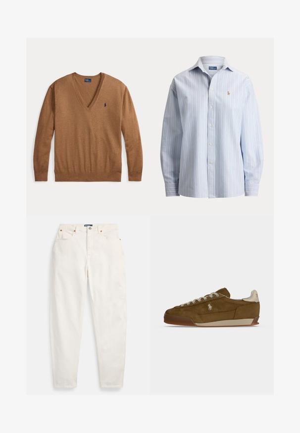 Pull marron à manches longues avec col en V et petit logo Polo Ralph Lauren bleu marine sur le côté gauche de la poitrine, posé à plat sur fond blanc.; Chemise bleu clair à manches longues avec boutons, fines rayures blanches verticales et un petit logo de cheval brodé sur la poitrine gauche.; Jean blanc taille haute à jambes droites, avec bouton et fermeture éclair sur le devant, design à cinq poches et étiquette de marque Polo sur la ceinture.; Baskets en daim marron avec lacets crème, semelle épaisse et petit logo blanc brodé sur le côté.