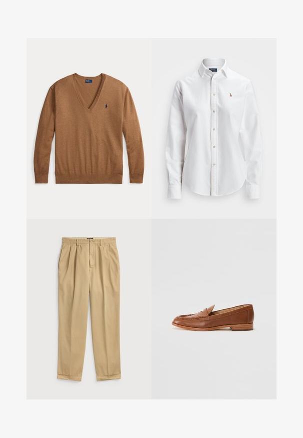 Pruun pika varrukaga V-kaelusega kampsun väikese tumelilla Polo Ralph Laureni logoga vasakul rinnal, tasapinnaliselt valgel taustal.; Valge pikakä sleevesed nööbitav särk, mis on valmistatud puuvillast, klassikalise krae ja väikese tikitud logoga rinnal.; Heledava beežid puuvillaste pükste lõdva lõikega, millel on ees voldid, küljetaskud ja mansettidega alläär.; Lauren Ralph Lauren WYNNIE - Jalga libistatavad jalanõud - deep saddle tan