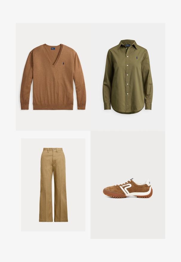 Brauner langärmeliger V-Ausschnitt-Pullover mit kleinem dunkelblauem Polo Ralph Lauren-Logo auf der linken Brustseite, flach auf weißem Hintergrund liegend.; Olivgrünes langärmeliges Hemd mit Knöpfen, Kragen und blau gesticktem Polo Ralph Lauren Logo auf der linken Brust.; Beige weit geschnittene Hose mit vorderen Falten, Gürtelschlaufen und Knopfverschluss auf hellem einfarbigem Hintergrund.; Brauner Wildleder-Niedrigschnitt-Sneaker mit weißen Akzenten, Gummisohle, weißen Schnürsenkeln und Polo-Logo an der Seite und an der Ferse, seitlich dargestellt.