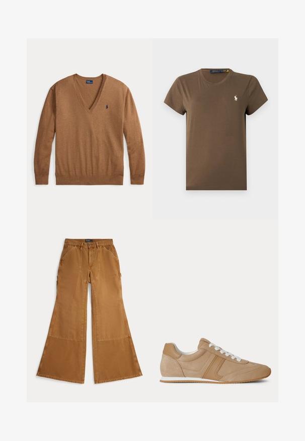 Brun langærmet V-hals sweater med et lille mørkeblåt Polo Ralph Lauren-logo på venstre brystside, lagt fladt på en hvid baggrund.; Brun bomulds-T-shirt med klassisk rund hals, korte ærmer og lille hvid logo på brystet. Glat tekstur, almindelig pasform.; Brune viddebukser lavet af bomuld med lapdetaljer, knaplukning og skrå lommer foran. Glat tekstur, afslappet design.; Lysebrun ruskind og læder lavtop-sneaker med hvide snørebånd og hvid gummisål vist fra siden på en hvid baggrund.