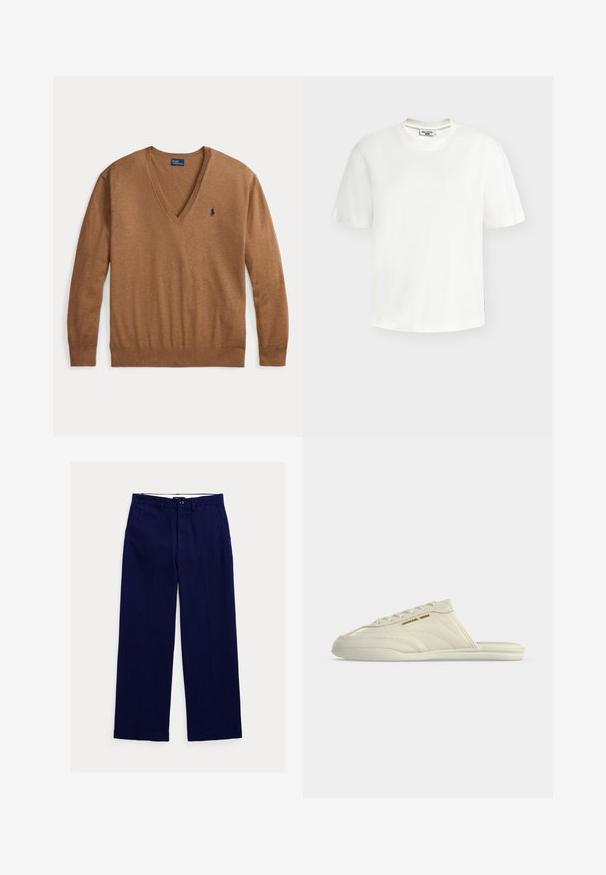 Brauner langärmeliger V-Ausschnitt-Pullover mit kleinem dunkelblauem Polo Ralph Lauren-Logo auf der linken Brustseite, flach auf weißem Hintergrund liegend.; Weißes T-Shirt aus Baumwolle mit kurzen Ärmeln, Rundhalsausschnitt und kleinem Markenetikett am Halsausschnitt und an der Seitennaht.; Marineblaue, gerade geschnittene Hose mit Gürtelschlaufen, Knopfverschluss vorne und Seitentaschen auf weißem Hintergrund.; Cremefarbener Slip-On-Sneaker mit Schnürdetail, Michael Kors Logo an der Seite und niedriger, gepolsterter Sohle, seitlich dargestellt.