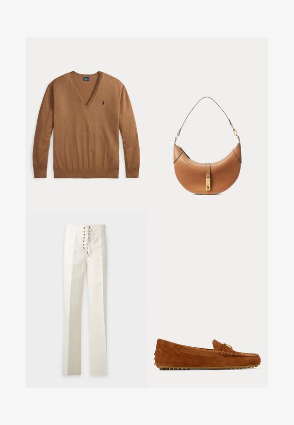 Pull marron à manches longues avec col en V et petit logo Polo Ralph Lauren bleu marine sur le côté gauche de la poitrine, posé à plat sur fond blanc.; Pantalon taille haute écru avec détail à lacets sur le devant et coupe droite, présenté sur un fond uni.; Mocassin en daim marron avec un détail de boucle dorée et une semelle en caoutchouc à picots, vu de côté sur un fond uni.; Sac à main en cuir marron en forme de croissant avec une sangle courte et un pendentif rectangulaire doré présentant un logo de cheval sur le fermoir avant.