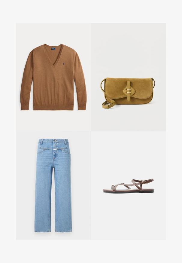 Brauner langärmeliger V-Ausschnitt-Pullover mit kleinem dunkelblauem Polo Ralph Lauren-Logo auf der linken Brustseite, flach auf weißem Hintergrund liegend.; CLOSED STOVER - Jeans Relaxed Fit - light blue; Braune flache Sandale mit dünnen, sich kreuzenden Riemen, Zehenschlaufe und verstellbarer Knöchelriemen-Schnalle, von der Seite auf weißem Hintergrund gezeigt.; Wildledertasche in Olivgrün, rechteckige Form mit abgerundetem Überschlag, goldfarbene Beschläge und ein abnehmbarer Riemen. Weiche Textur.