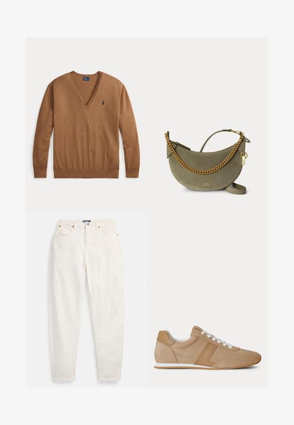 Pull marron à manches longues avec col en V et petit logo Polo Ralph Lauren bleu marine sur le côté gauche de la poitrine, posé à plat sur fond blanc.; Jean blanc taille haute à jambes droites, avec bouton et fermeture éclair sur le devant, design à cinq poches et étiquette de marque Polo sur la ceinture.; Baskets basses en suède et cuir marron clair avec lacets blancs et semelle en caoutchouc blanc vues de profil sur fond blanc.; Sac à main demi-lune en daim vert olive avec détail chaîne dorée, fermeture éclair dorée et petit charme cadenas doré sur fond uni.