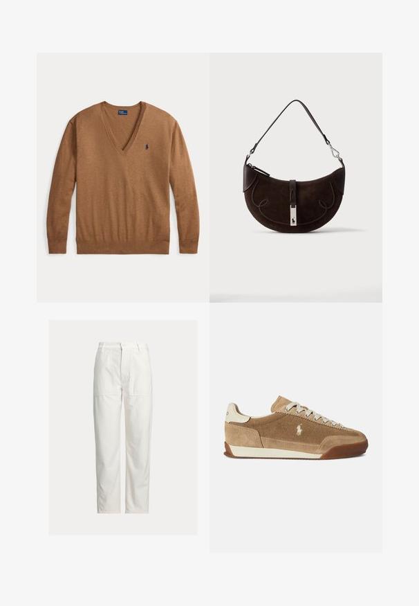Pull marron à manches longues avec col en V et petit logo Polo Ralph Lauren bleu marine sur le côté gauche de la poitrine, posé à plat sur fond blanc.; Pantalon blanc droit avec grandes poches plaquées devant, passants de ceinture et fermeture par bouton à la taille.; Baskets en daim marron clair à profil bas, accents crème, design à lacets, et semelle extérieure en caoutchouc. Présentent un petit logo sur le côté.; Sac à main en daim brun foncé en forme de croissant avec bordure tressée, bandoulière en cuir et fermoir argenté avec un petit logo cheval.