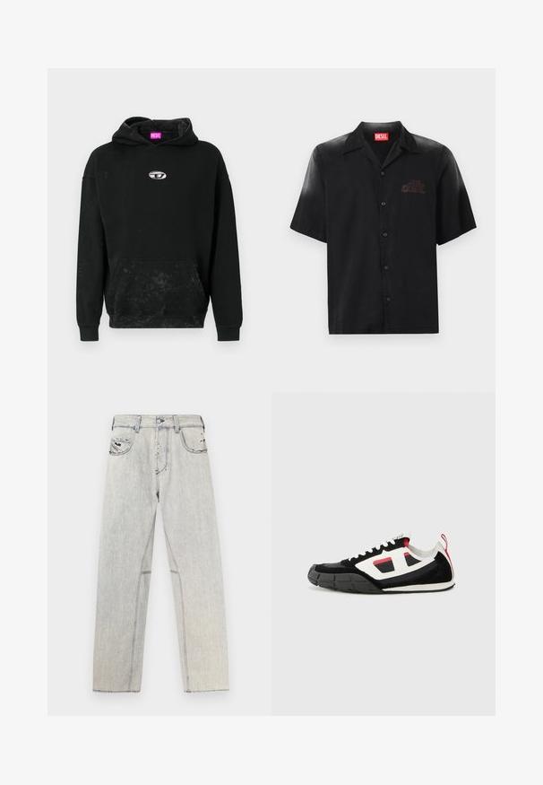 Schwarzer Hoodie aus Baumwollmix, mit einer Front-Kängurutasche, einem silbernen Logo-Accent und einer strukturierten Oberfläche mit subtilen Verfärbungen.; Schwarz kurzärmliges Hemd aus glattem Stoff mit durchgehender Knopfleiste, das ein dezentes geprägtes Logo auf der linken Brust trägt.; Hellblaue Jeans aus Denim mit geradem Schnitt, kontrastierenden Nähten, zwei Vordertaschen und abgenutzten Details im Stoff.; Diesel S PAGODHA LOW - Sneaker low - black