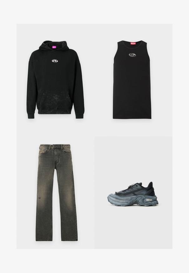 Zwarte hoodie gemaakt van katoenmix, met een voorkant kangoeroezak, een zilveren logo-accent en een gestructureerde afwerking met subtiele verkleuring.; Zwarte mouwloze tanktop van katoen. Heeft een ronde halslijn en een klein wit Diesel-logo op de borst. Gladde textuur.; Grijze denim jeans met een losse pasvorm, voorzien van een knoopsluiting, subtiele vervaging en slijtage bij de knie. Vijfzakkenontwerp.; Zwarte en grijze Diesel sneakers met dikke zool, vetersluiting en gestructureerd ontwerp op een effen lichtgrijze achtergrond.