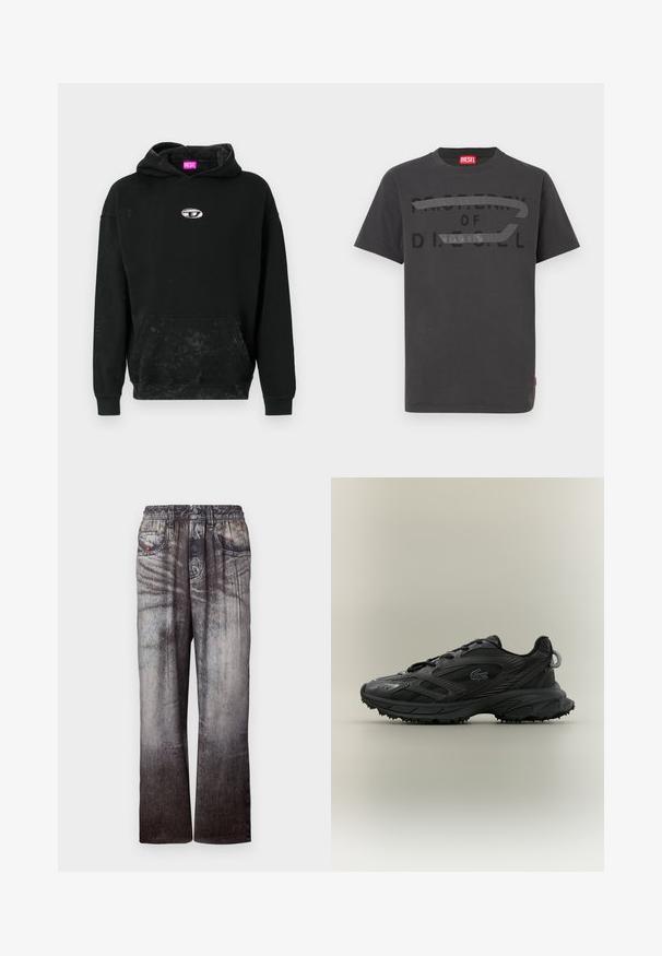 Schwarzer Hoodie aus Baumwollmix, mit einer Front-Kängurutasche, einem silbernen Logo-Accent und einer strukturierten Oberfläche mit subtilen Verfärbungen.; Graues Baumwoll-T-Shirt mit fettem schwarzem Text "PROPERTY OF D.I.E.S.E.L.", glatter Textur und kurzen Ärmeln.; Jeans mit einem verblassten Blau-zu-Grau-Gradient, elastischem Bund und seitlichen Taschen. Sie besitzen eine strukturierte Oberfläche mit subtilem Nähen.; Schwarzer Sportschuh mit strukturiertem Obermaterial, eleganten Linien, Schnürverschluss und Gummilaufsohle mit Traktionsspikes. Prägung des Logodesigns.