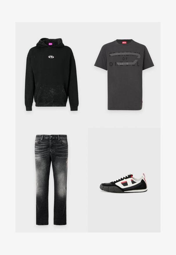 Schwarzer Hoodie aus Baumwollmix, mit einer Front-Kängurutasche, einem silbernen Logo-Accent und einer strukturierten Oberfläche mit subtilen Verfärbungen.; Graues Baumwoll-T-Shirt mit fettem schwarzem Text "PROPERTY OF D.I.E.S.E.L.", glatter Textur und kurzen Ärmeln.; Schwarze Jeans mit einem verblassten Finish und verwaschenen Akzenten, klassisches Fünf-Taschen-Design und Reißverschluss. Hergestellt aus Denim-Stoff.; Diesel S PAGODHA LOW - Sneaker low - black