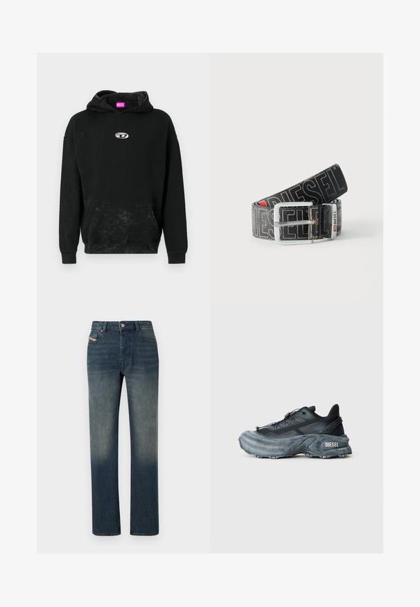 Zwarte hoodie gemaakt van katoenmix, met een voorkant kangoeroezak, een zilveren logo-accent en een gestructureerde afwerking met subtiele verkleuring.; Blauwe denim jeans met rechte pijpen, een vervaagde wassing, knoop- en ritssluiting aan de voorkant, en een ontwerp met vijf zakken.; Zwarte en grijze Diesel sneakers met dikke zool, vetersluiting en gestructureerd ontwerp op een effen lichtgrijze achtergrond.; Zwarte Diesel-riem met grote witte logotekst, rechthoekige zilveren gesp en merkmetal lusdetail, opgerold op een lichte achtergrond.