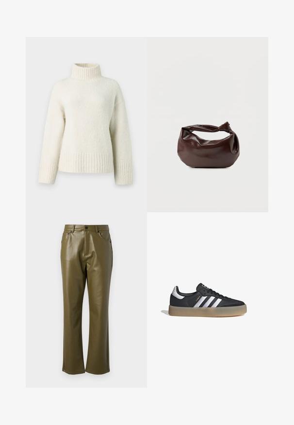 Suéter de punto color crema con cuello alto tipo mock, hombros caídos y puños y dobladillo acanalados. Tejido suave y texturizado que aporta calidez.; Pantalones de cuero sintético verde oliva con un diseño de pierna recta. Presentan bolsillos frontales y un cierre con cremallera y botón de metal. Textura suave.; Zapatilla deportiva de cuero negro con tres rayas plateadas, punta texturizada y suela de goma. Cuenta con un collar acolchado y un diseño con cordones.; Bolso de hombro de cuero marrón oscuro con una forma suave y caída, y un asa con nudo torcido sobre un fondo blanco liso.
