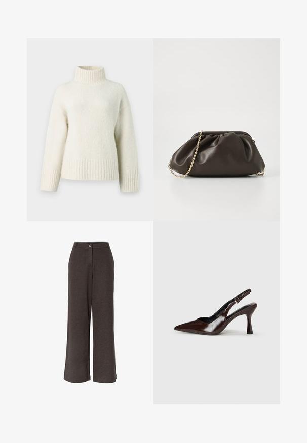 Pull en tricot de couleur crème avec un col montant, des épaules dropées et des bords côtelés. Le tissu doux et texturé apporte de la chaleur.; Pantalon large taille haute gris foncé avec fermeture à bouton et zip à l'avant, fabriqué en tissu texturé.; Talons slingback en cuir verni brun avec un bout pointu, un talon fin, et une sangle réglable avec une petite boucle.; Sac à main en cuir marron avec un design froncé, une bandoulière en chaîne dorée et une finition douce et texturée. Sa forme compacte est idéale pour une utilisation en soirée.