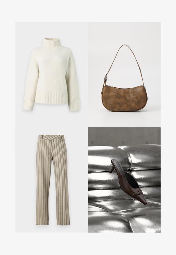 Cremefarvet strikket sweater med høj krave, dropped shoulders og ribbede manchetter og kant. Blødt, struktureret stof tilfører varme.; Beige stribede bukser med brede ben lavet af letvægtsstof, med høj talje og lige pasform samt sidelommer.; Brun spids tå hæl mule med spænde detalje svævende over en skinnende sølv tuftet læderoverflade.; Brun faux læder skuldertaske med en buet form, en enkelt strop, kontrasterende syninger og en lynlåslukning langs den øverste kant.