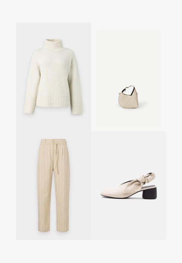 Pull en tricot de couleur crème avec un col montant, des épaules dropées et des bords côtelés. Le tissu doux et texturé apporte de la chaleur.; Pantalon beige à rayures avec une coupe décontractée, présentant une taille cintrée, une fermeture à bouton et une ceinture à nouer, fabriqué à partir d'un tissu léger.; Chaussure beige à talon bas pour femme avec un bout pointu et une sangle torsadée sur le cou-de-pied et le talon.; Sac à main en cuir beige en forme de croissant avec une seule bandoulière et des coutures minimalistes, posé sur un fond blanc uni.