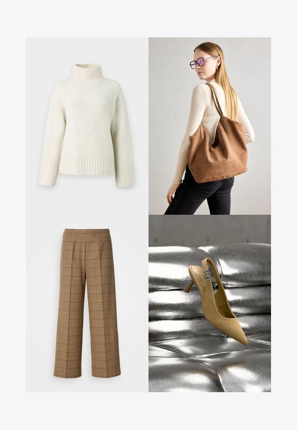 Suéter de punto color crema con cuello alto tipo mock, hombros caídos y puños y dobladillo acanalados. Tejido suave y texturizado que aporta calidez.; Pantalones de pierna ancha de cuadros marrones con un ajuste a medida, que presentan una tela texturizada y pliegues frontales para mayor estructura.; Zapato beige de ante con tacón kitten y tira trasera, con una hebilla plateada, colocado sobre una superficie metálica brillante y capitonada.; Bolso de tote de ante marrón con textura suave, gran abertura y asas largas. Presenta un diseño sencillo con costuras visibles y sin herrajes.