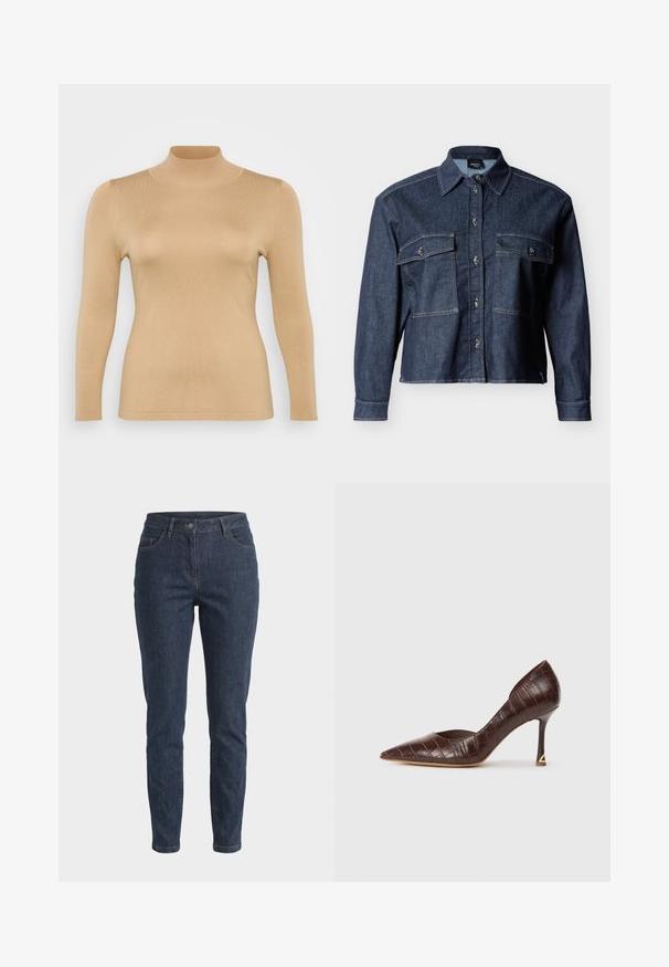 Haut en beige à col roulé, à manches longues, avec une texture côtelée, une coupe ajustée et un col haut. Matériau lisse sans embellissements visibles.; Veste en jean bleu foncé à manches longues, deux poches à rabat à l'avant, fermeture à boutons et col classique.; Jean en denim bleu foncé, coupe slim, avec bouton frontal, passants pour ceinture et cinq poches, présenté sur un fond clair uni.; Chaussure à talon haut en cuir embossé crocodile marron avec un bout pointu et un talon fin, ornée d'un accent triangulaire doré.