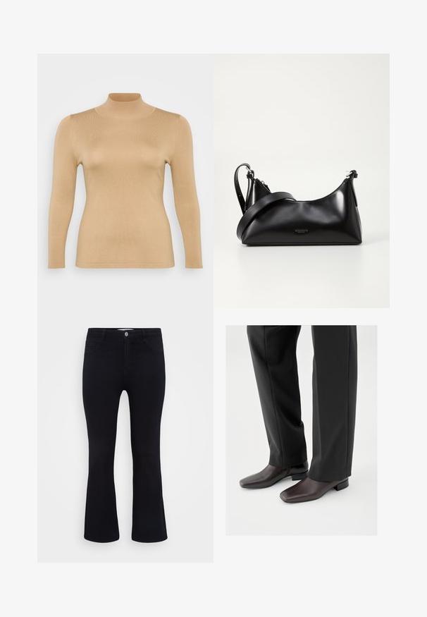 Haut en beige à col roulé, à manches longues, avec une texture côtelée, une coupe ajustée et un col haut. Matériau lisse sans embellissements visibles.; ONLY Carmakoma Flared fit CARTHUNDER Mid waist - Jean flare - black denim; Chaussures en cuir marron foncé avec un bout carré et un petit talon bloc, portées avec un pantalon noir sur mesure, affichant une apparence élégante et polie.; Sac à main en cuir noir avec une texture lisse. Dispose d'une bandoulière adjustable et d'un design élégant et minimaliste avec une fermeture éclair.