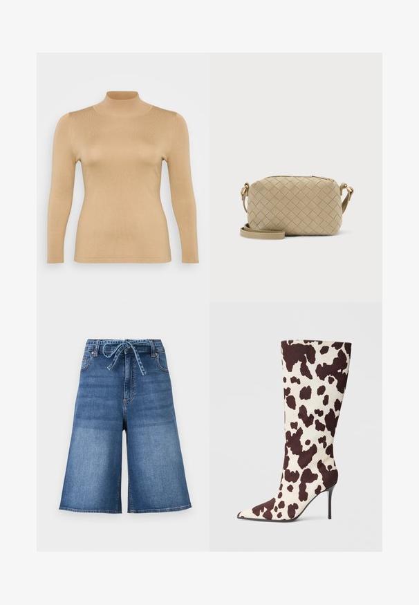 Beige rullekravebluse med lange ærmer, ribbet tekstur, tætsiddende design og høj krage. Glat materiale uden synlige udsmykninger.; Denimshorts med høj talje og paperbag-talje, forlommer og en matchende stofbælte bundet med sløjfe foran.; Knæhøje støvler med spids tå i creme- og brunfarvet ko-trykstof, med en slank stiletto hæl og glat overflade.; Beige rektangulær crossbody taske med flettet læderstruktur og justerbar rem på en lys baggrund.