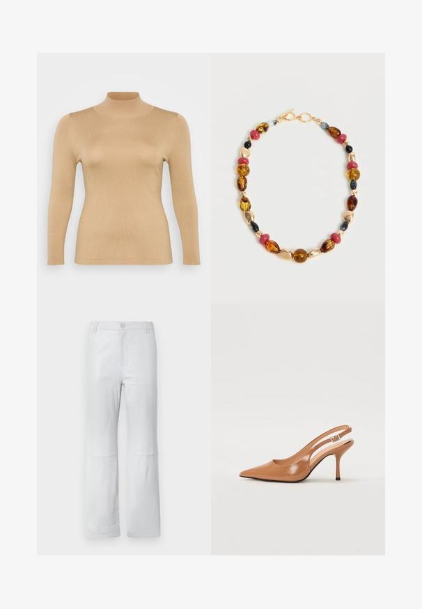 Beige rullekravebluse med lange ærmer, ribbet tekstur, tætsiddende design og høj krage. Glat materiale uden synlige udsmykninger.; Hvide, tapered bukser lavet af glat stof; har en forlommes, syede sømme og en knaplukning. Ingen mønstre eller udsmykninger.; Spids tå slingback hæl i et glat, blankt tan materiale. Har et buet udskæring design og en slank stiletto hæl. Sølv spænde detalje.; Multifarvet perlehalskæde med guld, rav, sorte, røde og grå perler, med en guldtoggle-lukning på hvid baggrund.