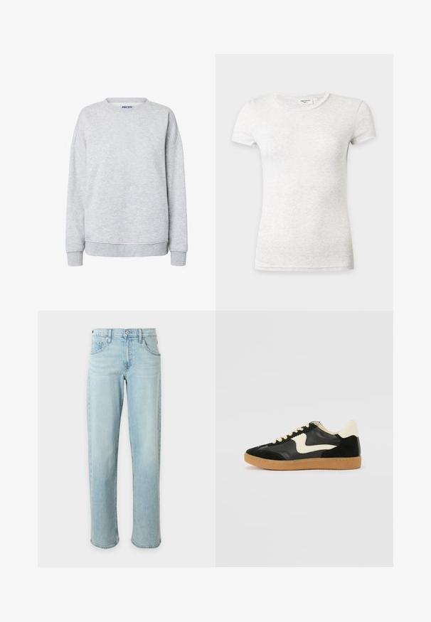 Sweat-shirt gris clair à col rond avec manches longues et poignets et bas en côtes, design simple sans graphismes ni texte.; T-shirt ajusté à manches courtes gris clair uni avec col rond sur fond neutre.; Jean bleu clair à jambes droites avec poches avant et ceinture boutonnée sur fond blanc uni.; Baskets en daim et cuir noir avec un swoosh latéral crème et un talon crème clair. Dotées de lacets beige et d'une semelle en caoutchouc gomme.