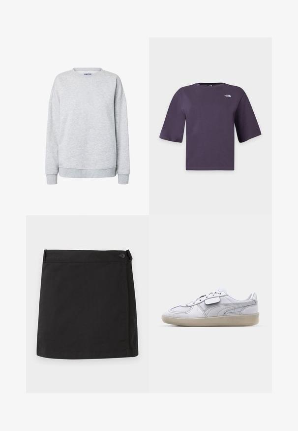 Sweat-shirt gris clair à col rond avec manches longues et poignets et bas en côtes, design simple sans graphismes ni texte.; T-shirt violet foncé à manches courtes et col rond avec le logo blanc The North Face sur la poitrine gauche.; Mini-jupe noire en coton avec fermeture latérale à boutons et ourlet droit, présentée à plat sur un fond blanc.; Baskets blanches en cuir avec des accents gris, fermeture à lacets et semelle en caoutchouc texturée. Présente un logo bien en vue sur le côté.
