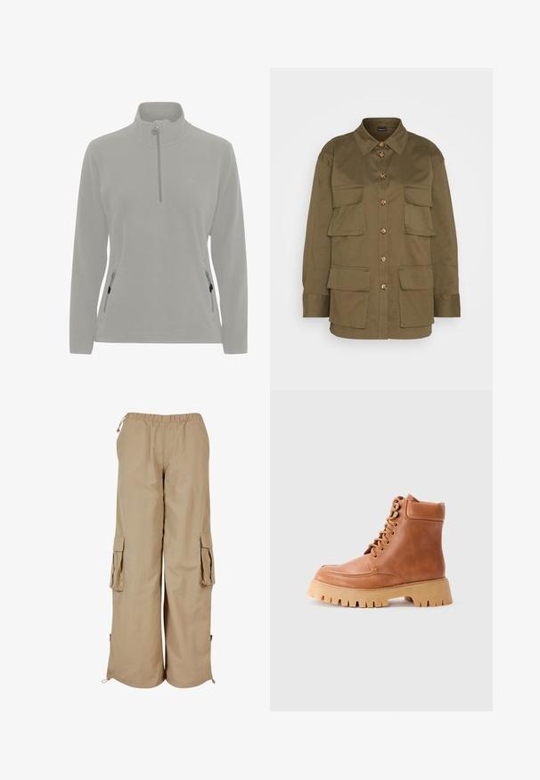 Pull en polaire gris clair avec un col haut, fermeture éclair demi-zippée, poches latérales avec zippers et une texture lisse. Logo simple sur la poitrine.; Gina Tricot CARGO SHIRT - Chemisier - khaki green; Pantalons cargo beiges avec une taille élastique, deux poches latérales et des accents en maille ; fabriqués en tissu léger et texturé.; Bottines escarpins en cuir tan avec un col rembourré et une semelle en caoutchouc épaisse et crantée sur un fond clair.