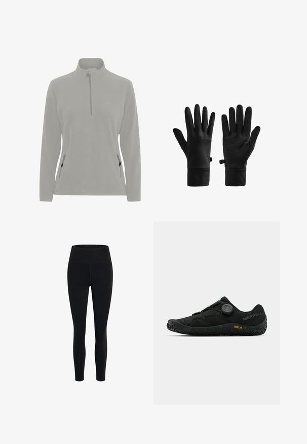 Pull en polaire gris clair avec un col haut, fermeture éclair demi-zippée, poches latérales avec zippers et une texture lisse. Logo simple sur la poitrine.; Girlfriend Collective FLOAT HIGH RISE LEGGING 7/8 - Leggings - black; Chaussure de sport noire avec une tige en mesh respirant, système de laçage Boa, semelle noire texturée et branding Vibram. Conception durable et légère.; Paire de gants noirs avec des points d'adhérence sur la paume et les bouts des doigts, des poignets prolongés et de petites attaches latérales sur fond blanc.