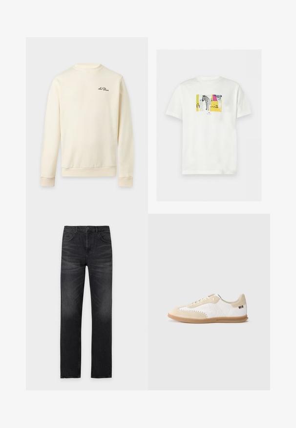 Sweat-shirt crème à manches longues avec poignets et ourlet côtelés, avec petit logo noir "Les Deux" sur la poitrine gauche.; T-shirt blanc à manches courtes avec un graphisme central d’un zèbre sur un fond abstrait jaune et multicolore, avec un petit texte sous le design.; Jean noir à jambes droites avec poches avant, passants de ceinture et détails subtilement délavés sur les cuisses.; Baskets blanches avec accents en daim beige clair, détails perforés, lacets plats et semelle en caoutchouc naturel. Présentent un logo rayé sur le talon.
