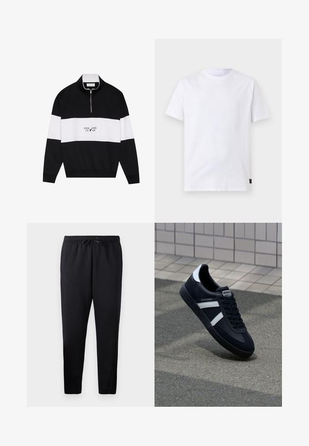 Pier One by Zalando Sweatshirt - jet black; Schlichtes weißes T-Shirt mit kurzen Ärmeln und Rundhalsausschnitt mit einem kleinen schwarzen Pflegeetikett am unteren Saum auf hellgrauem Hintergrund.; Schwarze, taillierte Jogginghosen aus weichem Stoff, mit einem elastischen Bund und Kordelzug, mit gerippten Knöcheln und ohne Taschen.; Schwarze Leder-Sneaker mit weißen Streifen, strukturiertem Gummisohle und Schnürung. Verfügt über ein Markenetikett auf der Zunge.