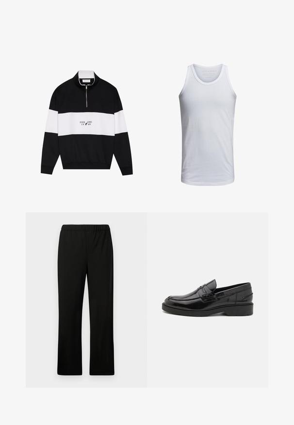 Pier One by Zalando Φούτερ - jet black; Λευκό βαμβακερό tank top με στρογγυλή λαιμόκοψη, φαρδιές τιράντες και ελάχιστη σήμανση εκτυπωμένη μέσα στον γιακά. Μαλακή υφή, ανάλαφρη εφαρμογή.; Μαύρα ελαστικά παντελόνια μέσης με ίσια γραμμή. Φτιαγμένα από λείο ύφασμα, χωρίς ορατά σχέδια ή διακοσμητικά.; Μαύρα δερμάτινα loafers με λεία επιφάνεια, στρογγυλή μύτη, χαμηλό τακούνι και διακοσμητικό ράψιμο μπροστά. Εξωτερική σόλα από καουτσούκ για πρόσφυση.