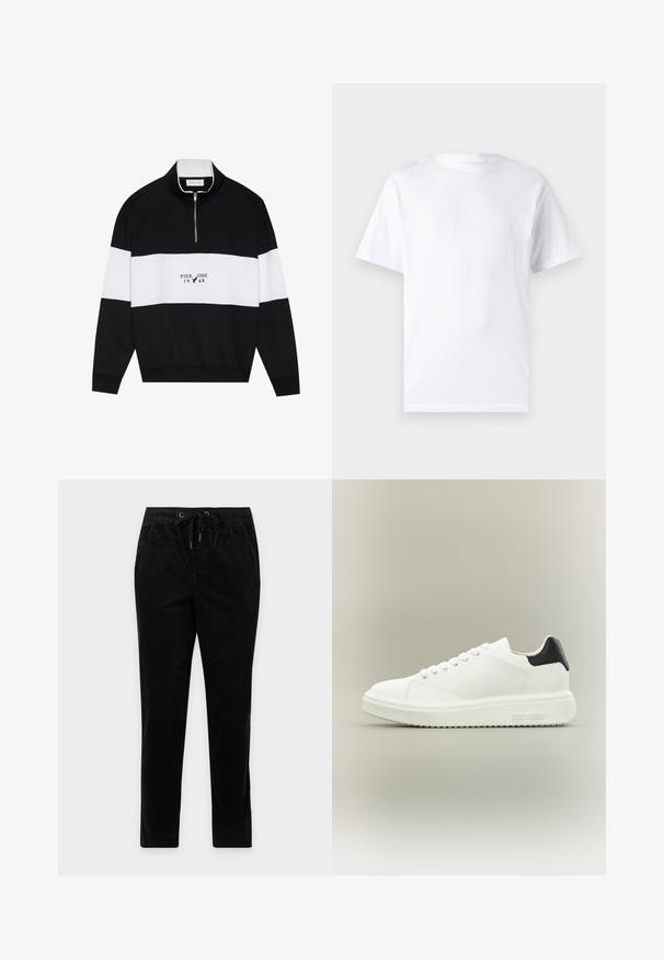 Pier One by Zalando Sweatshirt - jet black; Hvid kortærmet t-shirt lavet af bomuld med rund hals, der har en glat tekstur og et simpelt design uden mønstre eller accenter.; Sorte fløjlsbukser med lige ben, elastisk linning, snørelukning og sidelommer, vist mod en enkel baggrund.; Hvid lav sneakers med tyk sål, snørelukning foran og sort hælstrop, mærket med "Steve Madden" på siden af sålen.