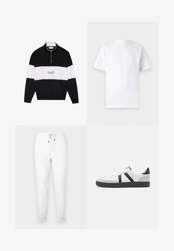 Pier One by Zalando Sweatshirt - jet black; T-shirt blanc à manches courtes en coton avec un col rond, présentant une texture lisse et un design simple, sans motifs ni accents.; Pantalon de survêtement blanc avec une taille élastique et des cordons de serrage, jambes fuselées avec poignets côtelés, en tissu doux et texturé.; Baskets blanches avec des accents noirs et gris, présentant un embout texturé gris, une semelle en caoutchouc noir et des lacets plats blancs. Design épuré, style minimaliste.