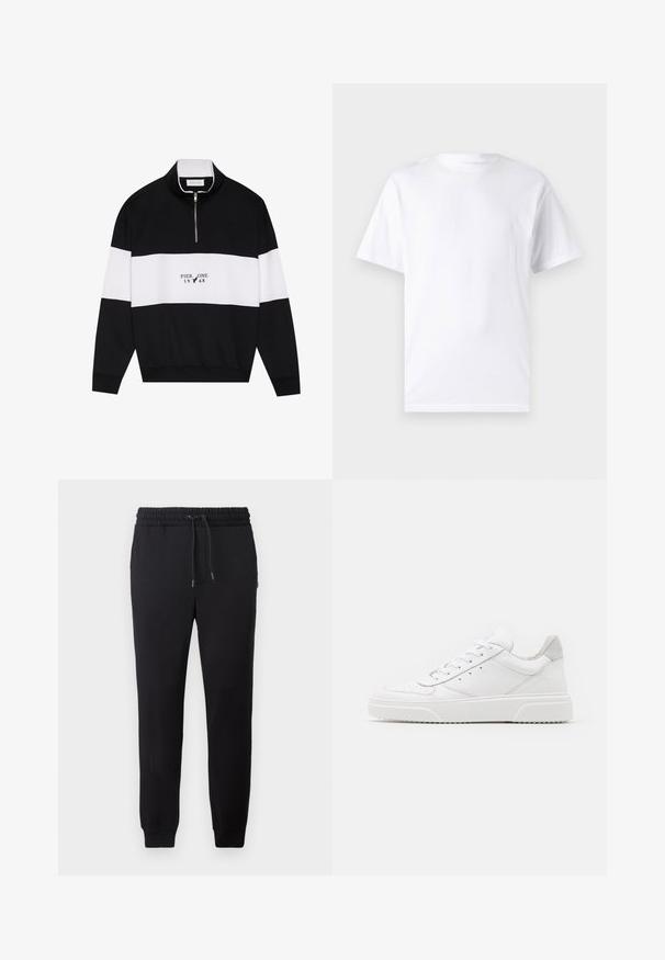 Pier One by Zalando Sweatshirt - jet black; T-shirt blanc à manches courtes en coton avec un col rond, présentant une texture lisse et un design simple, sans motifs ni accents.; Pantalons de jogging noirs avec une taille élastique à cordon, des poignets ajustés et un textile doux. Design simple et minimaliste sans motifs ni accents.; Des baskets en cuir blanc avec une finition lisse, un bout rond, des lacets plats et une semelle texturée. Accents en daim gris au niveau du talon.
