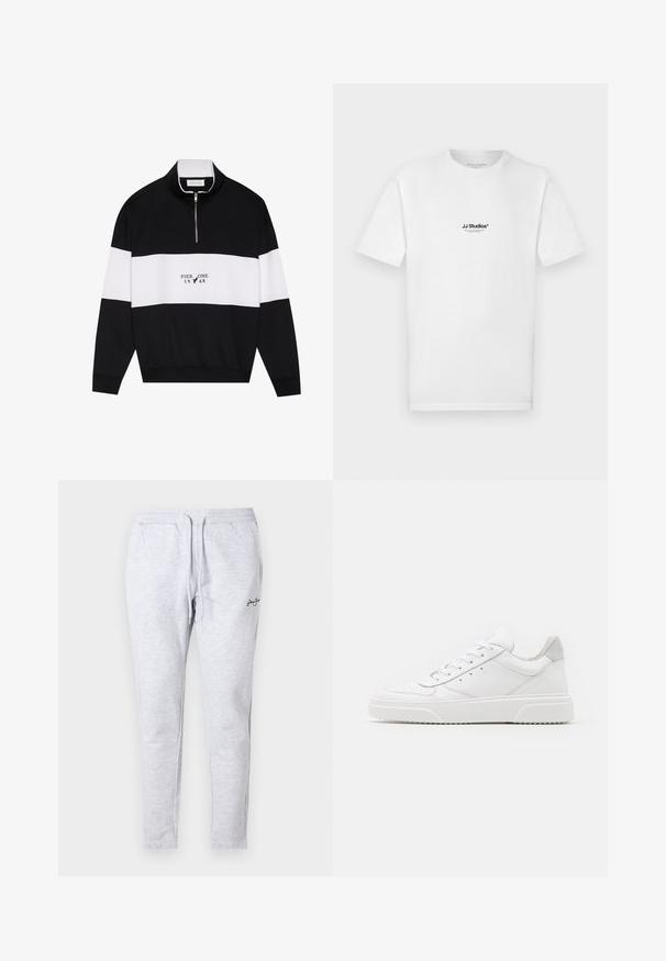 Pier One by Zalando Φούτερ - jet black; Λευκό βαμβακερό μπλουζάκι με κοντά μανίκια και στρογγυλή λαιμόκοψη. Φέρει μικρό μαύρο λογότυπο "JJ Studios" στο στήθος.; Sean John CLASSIC LOGO ESSENTIAL PANTS - Παντελόνι φόρμας - grey; Λευκά δερμάτινα αθλητικά παπούτσια με απλή επιφάνεια, στρογγυλή μύτη, επίπεδα κορδόνια και ανάγλυφη σόλα. Γκρι σουέτ λεπτομέρεια στη φτέρνα.