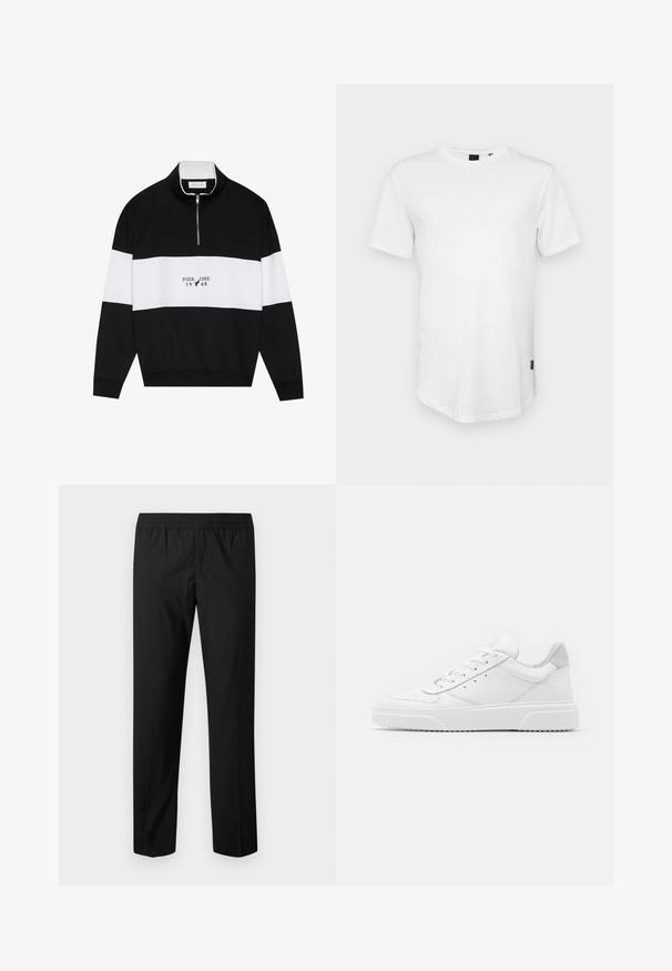 Pier One by Zalando Sweatshirt - jet black; Hvid kortærmet t-shirt lavet af bomuld, med rund halsudskæring og en let forlænget ryg, samt en lille logoaccent på siden.; Sorte bukser med lige ben og elastisk taljebånd, ingen synlige lommer eller pynt.; Hvide lædersneakers med en glat finish, rund tå, flade snørebånd og en struktureret sål. Grå ruskindsdetalje ved hælen.
