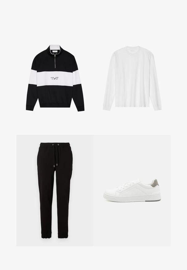 Pier One by Zalando Sweatshirt - jet black; Weißes langärmeliges Baumwoll-T-Shirt mit Rundhalsausschnitt, mit gerippten Bündchen und geradem Saum, glatter Textur und minimalistischem Design.; Schwarze Sweatpants aus weichem Stoff, mit einem elastischen Bund und Kordelzügen, Seitentaschen und gerafften Bündchen an den Knöcheln.; Weißer Sneaker aus glattem Leder, runde Zehenpartie, minimalistisches Design, graue Fersenkante und strukturierte Gummisohle.