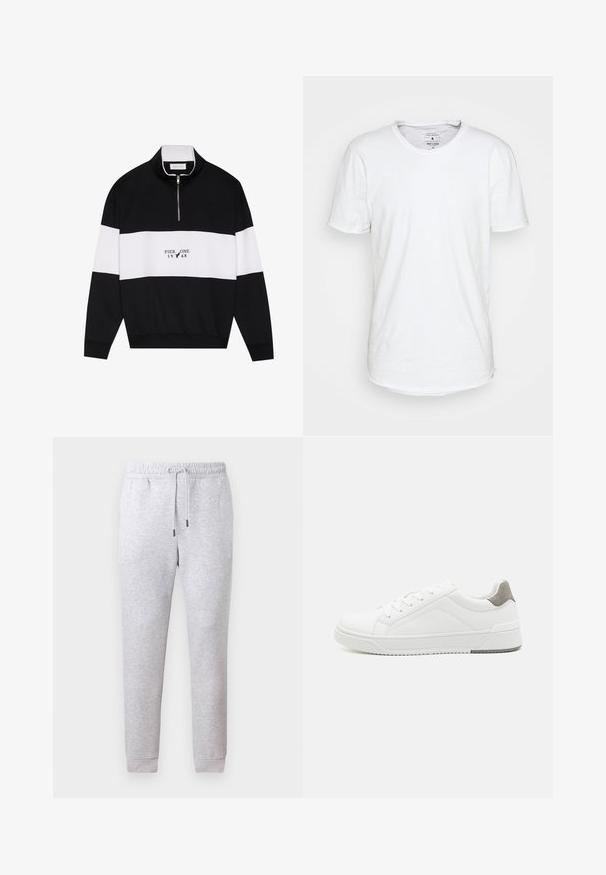 Pier One by Zalando Sweatshirt - jet black; T-shirt blanc à manches courtes en coton avec un col ras du cou classique. Présente un ourlet légèrement incurvé et des détails de couture minimalistes.; Pantalon de jogging gris en mélange de coton doux. Doté d'une taille élastique avec cordon de serrage et de chevilles resserrées. Texture lisse, sans motifs.; Basket blanche en cuir lisse, à bout arrondi, design minimaliste, accent de talon gris et semelle en caoutchouc texturé.