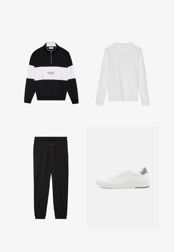 Pier One by Zalando Sweatshirt - jet black; T-shirt blanc à manches longues en coton doux, avec un col rond et une texture lisse sans motifs ni accents visibles.; Pantalons de jogging noirs en tissu doux, avec une taille élastique, un cordon de serrage et des poignets de jambe fuselés.; Basket blanche en cuir lisse, à bout arrondi, design minimaliste, accent de talon gris et semelle en caoutchouc texturé.