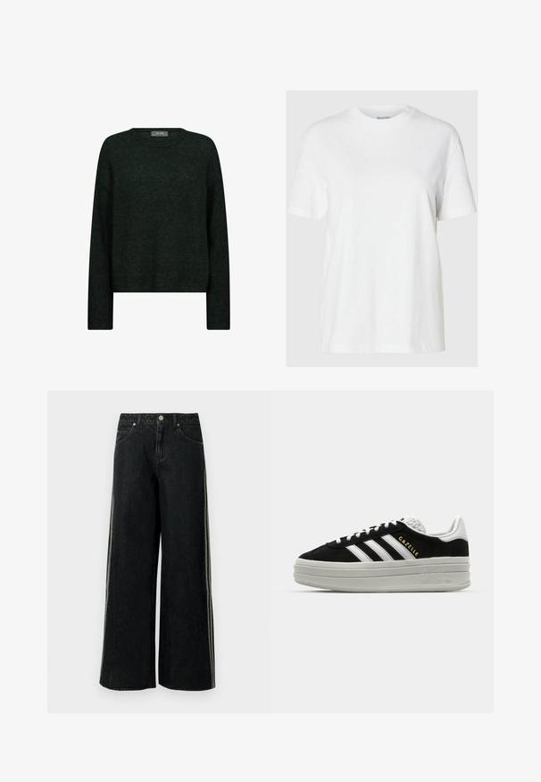Jersey oscuro verde con escote redondo, mangas largas y un corte relajado. Fabricado con tejido texturizado, presenta patrones tonales sutiles.; Camiseta de algodón blanca con mangas cortas y escote redondo. Presenta un corte relajado y un diseño minimalista sin patrones ni acentos.; Vaqueros negros de pierna ancha con franjas laterales, bolsillos delanteros, trabillas para cinturón y cierre de botón metálico en la cintura.; Zapatillas negras de ante con detalles en cuero blanco, tres rayas blancas, cordones planos y una gruesa suela de plataforma gris. Marca "Gazelle" en dorado.