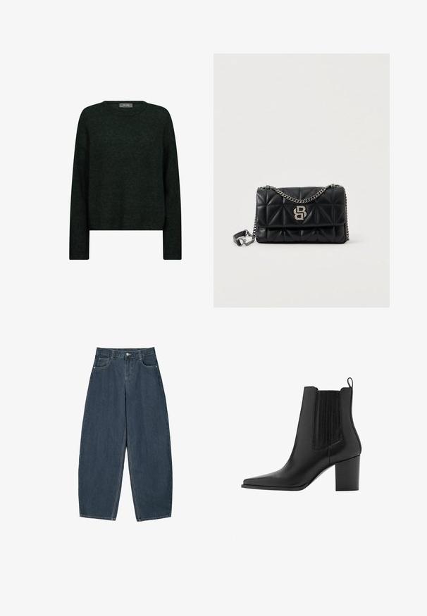 Mørkegrøn sweater med rund halsudskæring, lange ærmer og en afslappet pasform. Fremstillet af tekstureret stof med subtile tonale mønstre.; Mørkeblå denim buede bukser med høj talje, som har fem lommer og synlige stingdetaljer. Ren, minimalistik design.; Sort læderstøvle til anklen med spids snude, blokhælk, trækflig og elastiske sidepaneler for nem påtagning.; Sort quiltet læderhåndtaske med en sølvfarvet kædestrop, der har et fremtrædende logo på fronten og en kompakt rektangulær form.